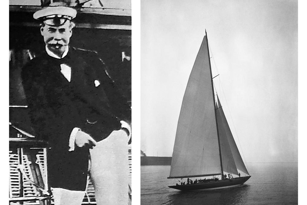 Sir Thomas Lipton and The Shamrock V yacht, built for Sir Thomas Lipton, unseen, for his final America's Cup Challenge. The boat sails in Southampton, England on May 3, 1930. (AP Photo/Staff/Len Puttnam Stock Photo - Alamy