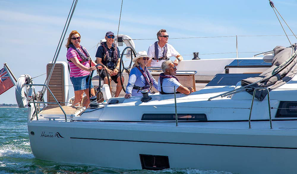 wide shot of group of friends on a boat