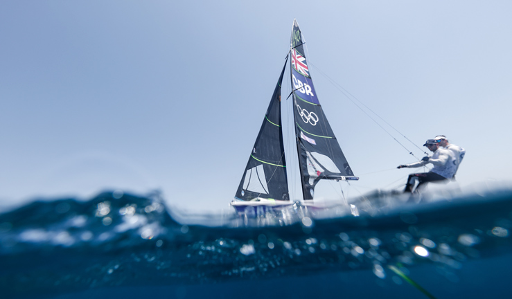 underwater shot of james peters and fynn sterritt racing the 49er at the paris 2024 olympic games